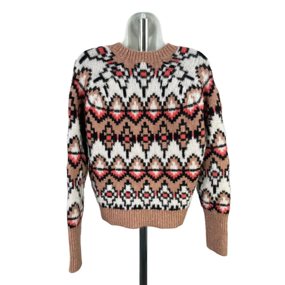 Ann Taylor Women's Pink/White Fair Isle Jacquard Fuzzy Long Sleeve Sweater - M